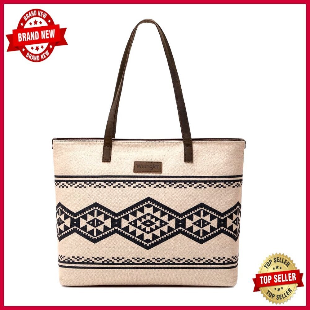 Large Canvas Tote Bag with Leather Strap, Multiple Pockets, Zipper Closure